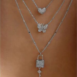 Silver Heart Butterfly Lock Pendant Layered Necklace